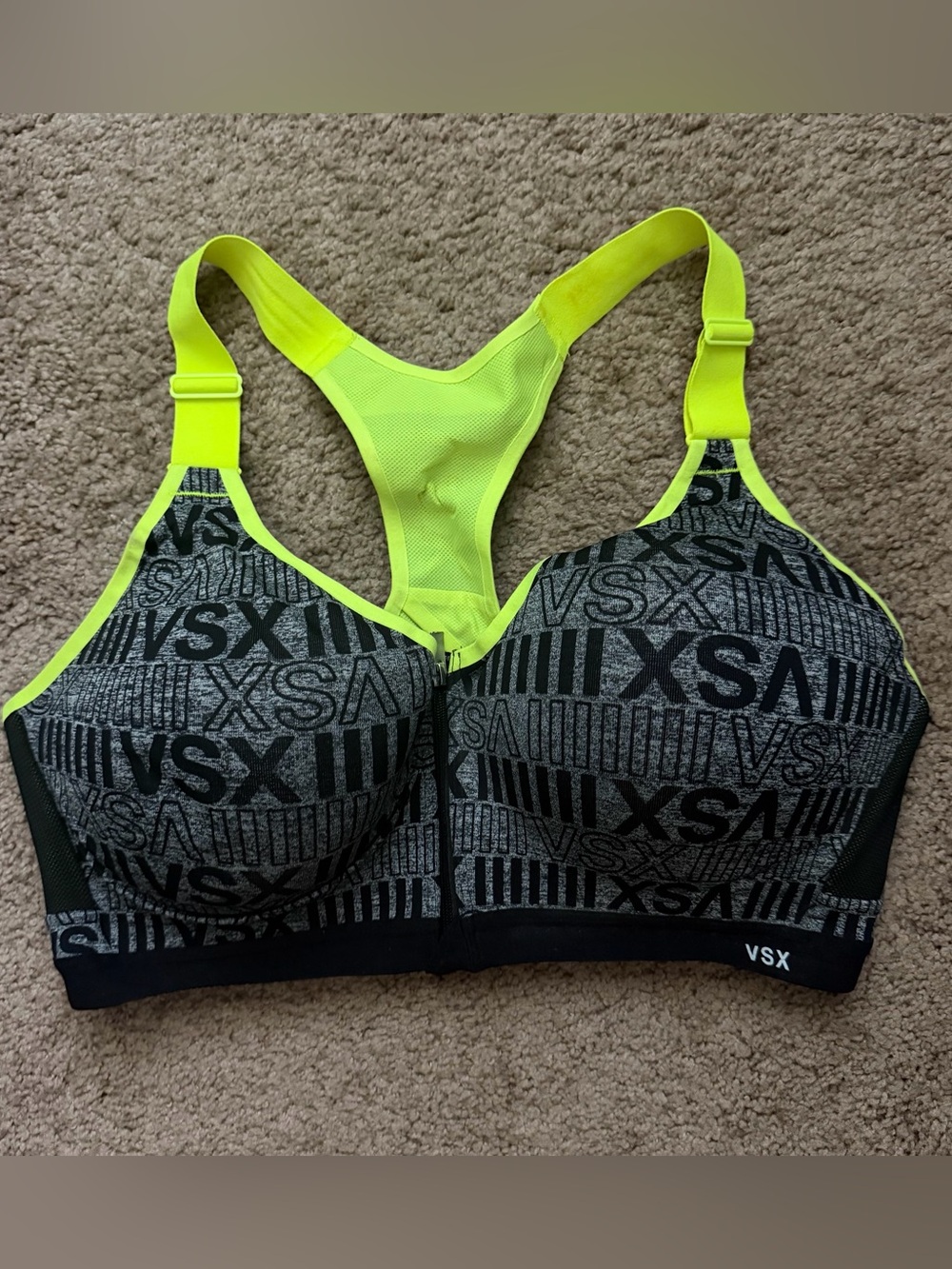 VSX Black Graphic Logo Sports Bra with Neon Yellow Trim